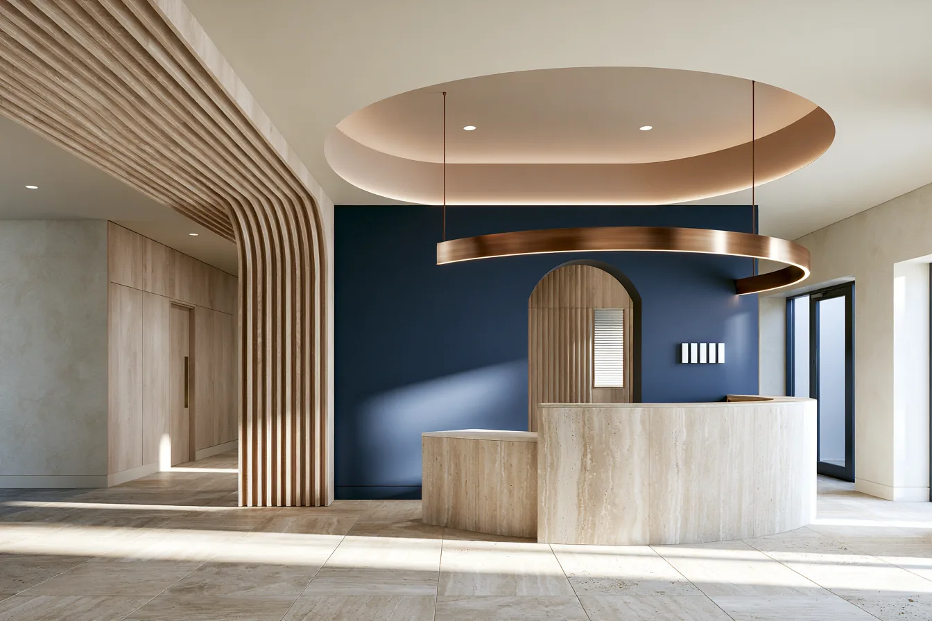 Réception d'une clinique contemporaine — mur bleu nuit, chêne clair, travertin et laiton, lumière naturelle.