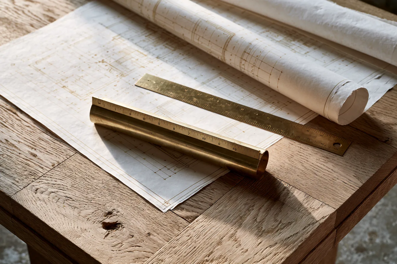 Plans d'architecte et documents d'urbanisme sur une table en chêne, vue de dessus.